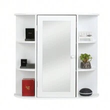 Mobiletto da parete in stile country, armadio pensile bianco con specchio per il bagno