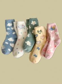 1/3 pares entrega aleatoria, Calcetines de cachemira con diseño lindo de nubes y corazones para mujer, hasta la pantorrilla