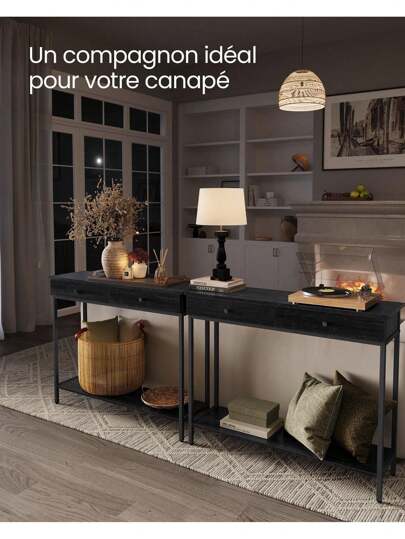 VASAGLE Mesa de Consola, Mesa de Entrada, Mesa de Sofá con 2 Cajones, Marco de Acero, Estable, para Pasillo, Dormitorio, Salón, Estilo Industrial, Gris Carbón y Negro Tinta