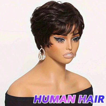 精灵短发假发 短发假发 精灵短发假发 女士真人发质 短层次精灵短发假发 全机织假发 巴西原生真人发质 女士无胶假发 棕色 深棕色