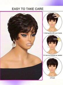 精灵短发假发 短发假发 精灵短发假发 女士真人发质 短层次精灵短发假发 全机织假发 巴西原生真人发质 女士无胶假发 棕色 深棕色