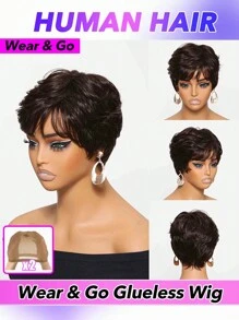 精灵短发假发 短发假发 精灵短发假发 女士真人发质 短层次精灵短发假发 全机织假发 巴西原生真人发质 女士无胶假发 棕色 深棕色