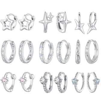 WOSTU 1 对 925 纯银美丽优雅闪亮星星系列耳环，镶嵌精致闪亮锆石，适合女士精美珠宝礼物适合派对佩戴