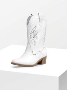 Girls Cowboy Boots, Western Style Mid Calf Boots With Fashion Embroidery - trắng - Xem 4