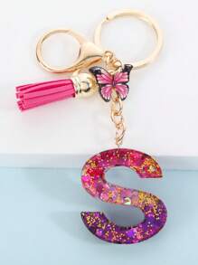 1pc Women's Fashion Popular Glitter Crystal Resin English Alphabet Tassel Butterfly Keychain Valentine's Day Valentines Gift Souvenir Car Accessories Bag Charm Backpack For School Letter Cute Goth Y2k - Multicolor - View 6