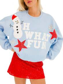 Women Christmas Sweatshirt Cute Graphic Hoodie Batwing Long Sleeve Crew Neck Pullover Y2k Oversized Xmas Top Fall Spring Clothes - Màu xanh lam - Xem 3