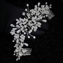 1 件女士新娘双面发梳，水钻和珍珠合金婚礼头饰适合婚礼、宴会、生日派对等场合 - 彩色 - 查看 9