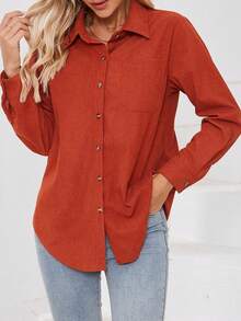 Nouvelle combinaison veste et chemise décontracté en velours côtelé unicolore pour femmes - Marron - Voir 4