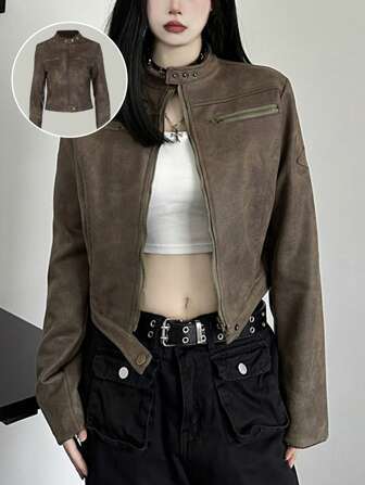 Edgy Cropped Moto Jacket - Vintage Faux Suede, Minimalist Biker Style With Zip Pockets, Perfect For Streetwear Layering