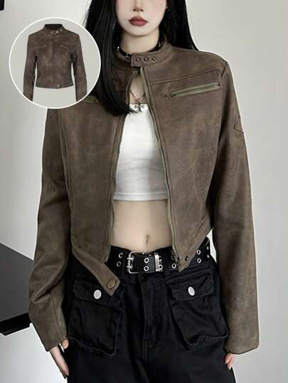 Edgy Cropped Moto Jacket - Vintage Faux Suede, Minimalist Biker Style With Zip Pockets, Perfect For Streetwear Layering