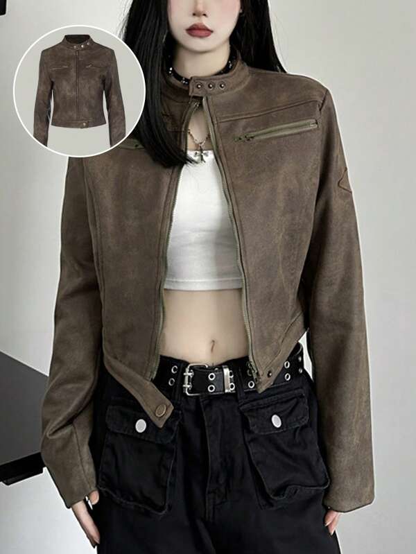 Edgy Cropped Moto Jacket - Vintage Faux Suede, Minimalist Biker Style With Zip Pockets, Perfect For Streetwear Layering