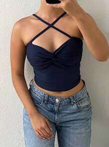 Knotted Crop Top With Padded Bra And Cross Straps - Navy Blue - View 3