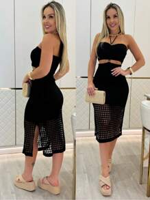 Evangelical Modal Knit Party Slit Strap Midi Dress - Black - View 1