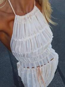 Women's Solid Color Sexy Backless Halter Neck Pleated Lace Trim Transparent Dress & Tank Top Set,Semi-Sheer - Beige - View 10