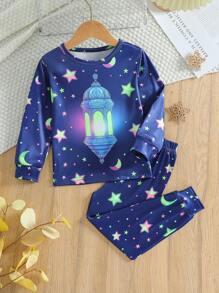 2 件装年轻女孩休闲舒适斋月月亮与光印花长袖上衣和裤子睡衣家居服套装，日常穿着 - 藏蓝色 - 查看 3