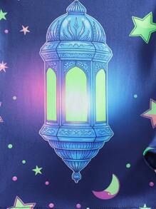 2 件装年轻女孩休闲舒适斋月月亮与光印花长袖上衣和裤子睡衣家居服套装，日常穿着 - 藏蓝色 - 查看 6