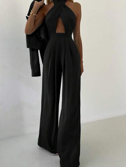 Women 2 Pieces Set: Casual Blazer Jacket And Backless Fashionable Sexy Tie-Front Jumpsuit Pants Suit, Autumn/Winter, For Commute Office Lady Work Business, Christmas & New Year Eve Party Outfit Valentine's Day