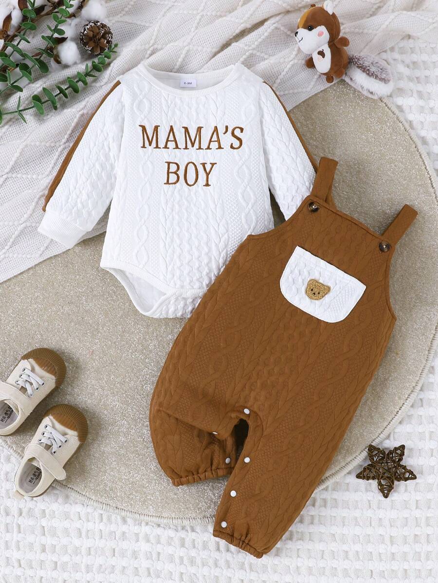 春秋季男婴字母图案长袖休闲连体衣配背带裤套装 - 彩色 - 查看 1