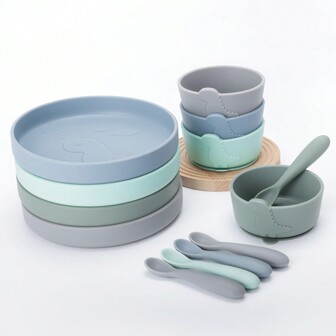 3 Pieces Set Children's Silicone Dinosaur Feeding Bowls, Spoon And Plate Tableware, With Suction Cups, Suitable For Baby Use, Microwave & Dishwasher , Heat-Resistant, Easy To Clean