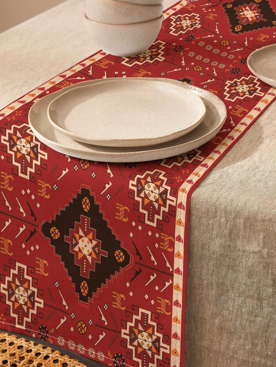 1 Pc Bohemian Vintage Floral Print Linen Table Runner, Suitable For Festivals, Parties, Birthdays, Dinners, Kitchen & Dining Table Decor, Shoe Cabinet & Storage Cover, Versatile Home Decor, All Seasons