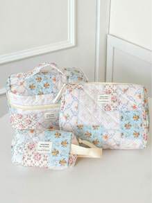 1 Pieza/Set Organizador de cosméticos multifuncional de gran capacidad con estampado floral y de cuadros, bolso de mano con cremallera para almacenar lápices labiales, brochas, productos de cuidado de la piel, artículos de viaje esenciales, bolsa de maquillaje, organizador de maquillaje, regalo para mujeres en vacaciones, invierno, San Valentín, vuelta al colegio