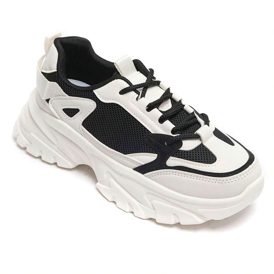 Two-Tone Lace-Up Flat Sneakers - Black - View 1