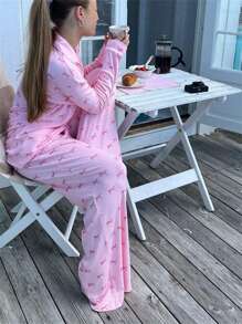 Conjunto de pijama para mujer, parte superior de manga larga con estampado de moño lindo y pantalones, ropa de dormir y de estar por casa