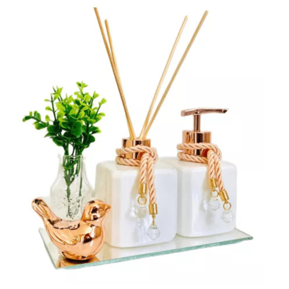 Kit Lavabo Pet Difusor de Varetas e Saboneteira Com Passarinho Bandeja Vasinho