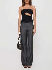 Women Low Drop Waist Casual Work Business Waist Button Design Elastic Waist Color Block Striped Long Pants, Autumn/Spring, Suitable For Office, Christmas & New Year Eve Party - Grey - View 4