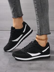 Zapatillas de deporte cómodas y transpirables con suela blanda, puntera redonda y cordones, de estilo retro, versátiles para uso diario y deportes, de colores variados, para mujer, otoño 2025 - en blanco y negro - Ver 6