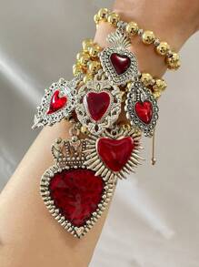 1pc Chunky Jewelry Vintage Gothic Heart Shape Multi-Pendant Halloween Necklace With Heart Lockets, Antique Silver And Gold, Red Hearts, Thick Chain For Women, Suitable For Halloween Party Valentines,Mom,Mother,Mother's Day,Gift