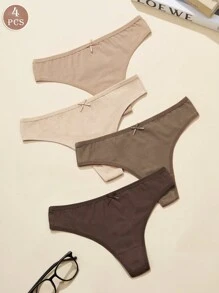 4pcs/Pack Women's Bow Low Waist Breathable T-Back Panties, Sexy High Waist Triangular Briefs