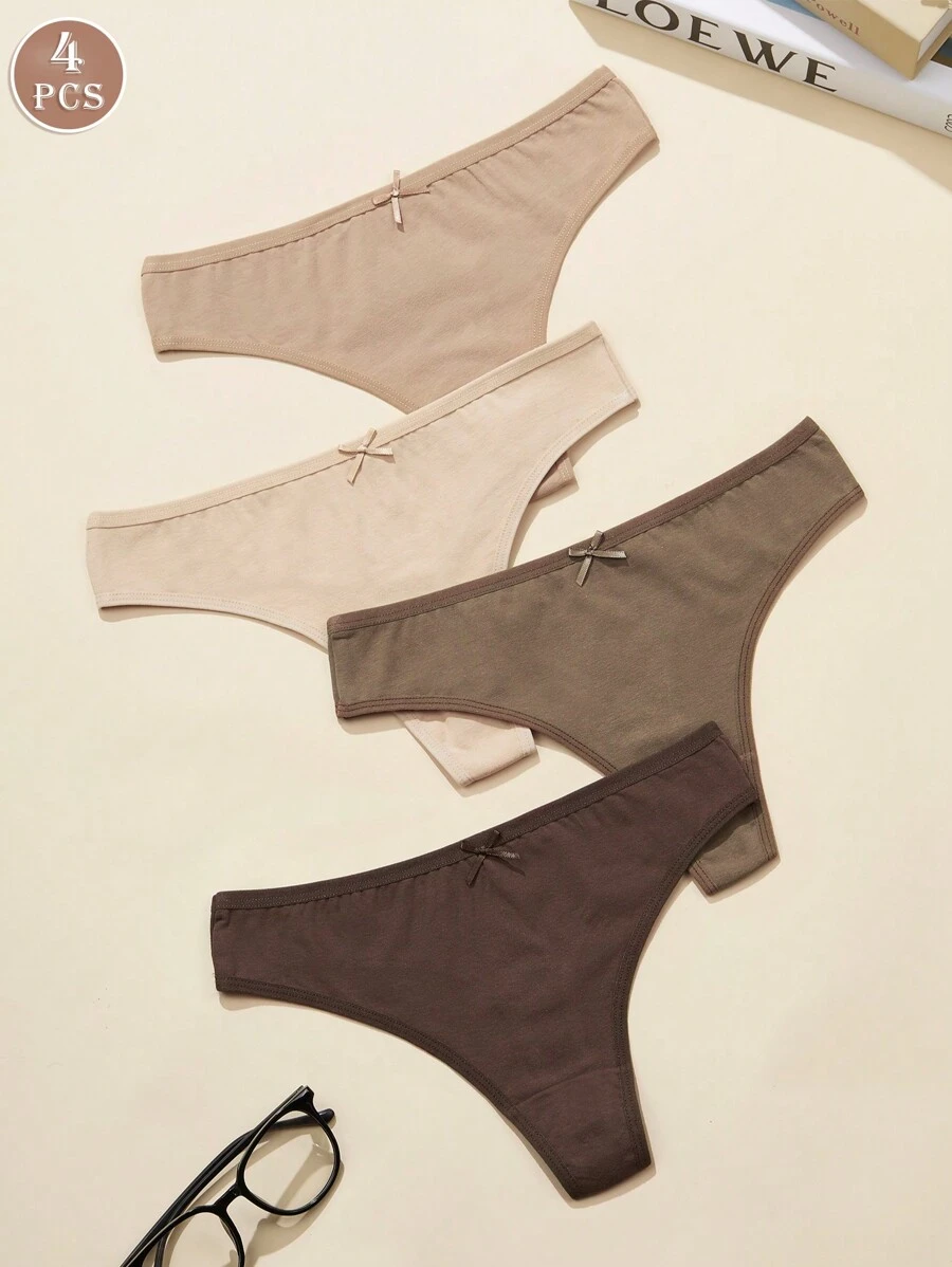 4pcs/Pack Women's Bow Low Waist Breathable T-Back Panties, Sexy High Waist Triangular Briefs