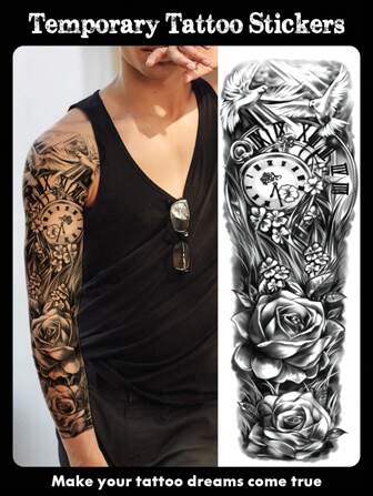 1 ark Extra stora kroppskonst i full arm Tillfälliga tatueringsklistermärken för män och kvinnor, svart 3D duvaklocka Blommor Street Style Mönster, Vattentäta falska ärmar Tatueringar, Håller 2-5 dagar, Täcker ärr, Kan användas på armar Handled Axlar Ben Midja Hals Hand Bröst Lår Finger, Bästa vän Par Party Tatuering