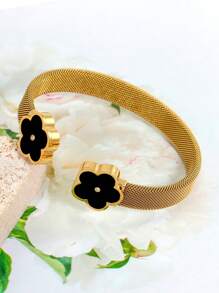 2pcs 18K Gold Stainless Steel Floral Bangle Bracelets, Suitable For Women's Daily Wear, Fashion Woven And Floral Open Design, European & American Popular Style, Casual Party Holiday Birthday Wedding Bridesmaid Valentine's Day Gift,Mom,Mother,Mother's Day,Gift - Gold - View 10