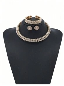 1 Set Luxury Crystal Necklace, Earrings, Bracelet Jewelry Set, Elegant Bridal Party Accessories - Gold - View 2