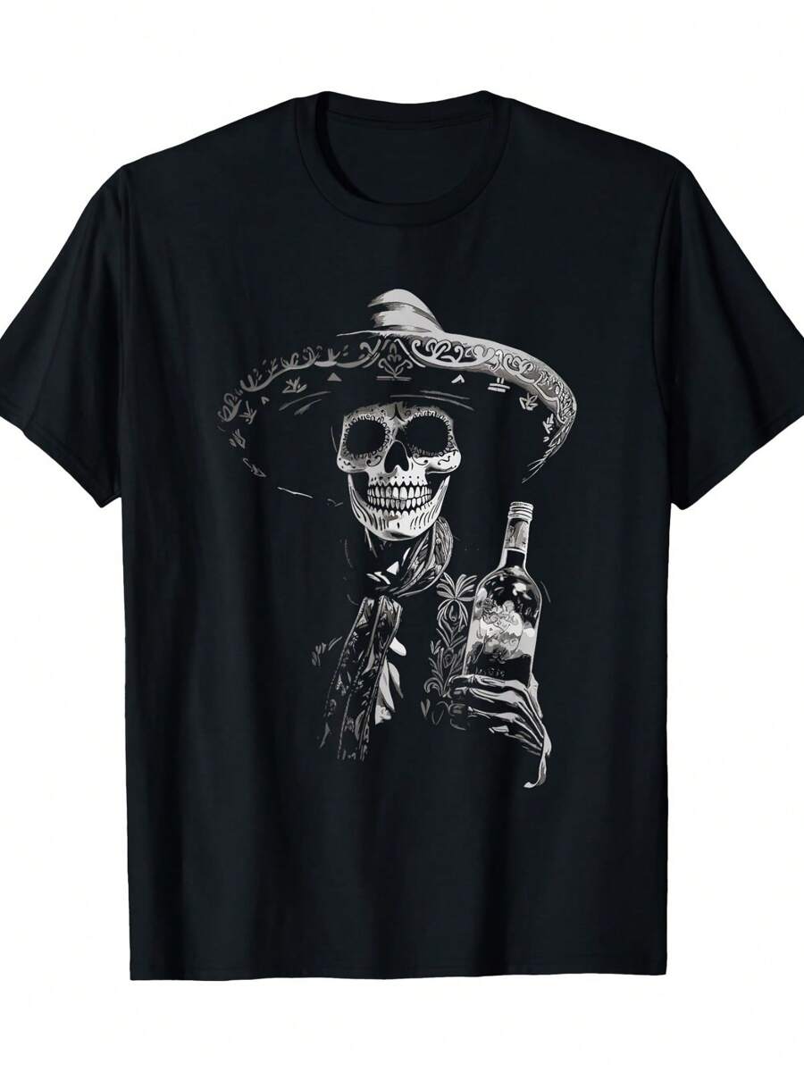 Vintage Skeleton Tequila Mexico Dia De Los Muertos Mexican T-Shirt, Men's Round Neck Comfortable Breathable T-Shirt, Suitable For Spring, Summer And Autumn, Daily Wear Tops T-Shirt - 黑色 - 查看 1