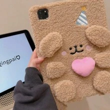 泰迪熊可爱手机壳毛绒绒秋冬时尚毛绒棕色 3D 熊软平板电脑保护壳适用于 2021 年 iPad Pro、9.7 英寸 Apple iPad、iPad Air 5、iPad Mini 7/6、2022 年 iPad 10