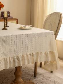 1pc Elegant French Minimalist Geometric Pattern Thickened Lace Edged Table Cloth, Decorative Tablecloth For Festivals - 米色 - 查看 8