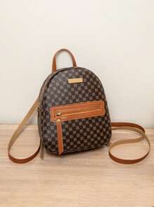 Mini Fashion Girl Faux Leather Backpack With Print, Adjustable Shoulder Straps, Double Zipped Compartment For Daily Commuting Backpack, School Bag, Kids Bag, Kids Backpack, Toddler Backpack, Mini Backpack, Small Backpack, Bag School, School Backpack, Rucksack, School Bag Kids, Kids Luggage, Kindergarten Bag Perfect For Girls, School Girls, Kids, Teen Girls Mini Backpack Kids, Backpack Cute - Brown - View 1