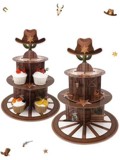 1 set Soporte para cupcakes estilo vaquero occidental, soporte para cupcakes de 3 niveles con tema vaquero del salvaje oeste, para fiestas de cumpleaños, eventos festivos, decoración de pasteles, decoraciones de mesa de cocina