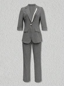Ladies Ruffled Button Design Suit Pants Set - Dark Grey - View 2