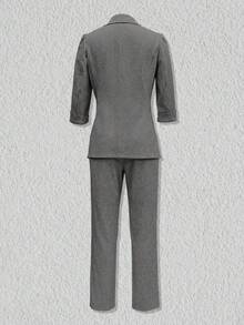 Ladies Ruffled Button Design Suit Pants Set - Dark Grey - View 3
