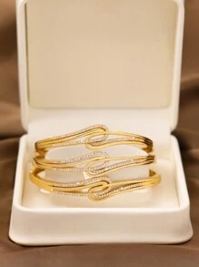 1/3pcs Fashion Classic Shiny Geometric Line Cubic Zirconia Decor Gold Women's Bracelet, 60mm Diameter, Openable, Suitable For Women's Daily Wear, No Packaging Box - Gold - View 2