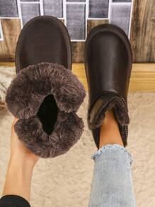 Women's PU Leather & Cotton Lining Mid-Calf Snow Boots With Thick Polyurethane Sole, Warm For Autumn/Winter