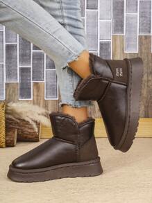 Women's PU Leather & Cotton Lining Mid-Calf Snow Boots With Thick Polyurethane Sole, Warm For Autumn/Winter