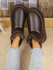 Women's PU Leather & Cotton Lining Mid-Calf Snow Boots With Thick Polyurethane Sole, Warm For Autumn/Winter