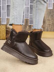 Women's PU Leather & Cotton Lining Mid-Calf Snow Boots With Thick Polyurethane Sole, Warm For Autumn/Winter