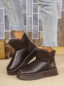 Women's PU Leather & Cotton Lining Mid-Calf Snow Boots With Thick Polyurethane Sole, Warm For Autumn/Winter