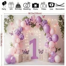 Enchanting 1st Birthday Party Background - Pink Flowers And Butterfly Patterns, Cake Obsession Theme, Polyester Fiber Photography Background Cloth For Spring And Summer Celebrations - Multicolor - View 2